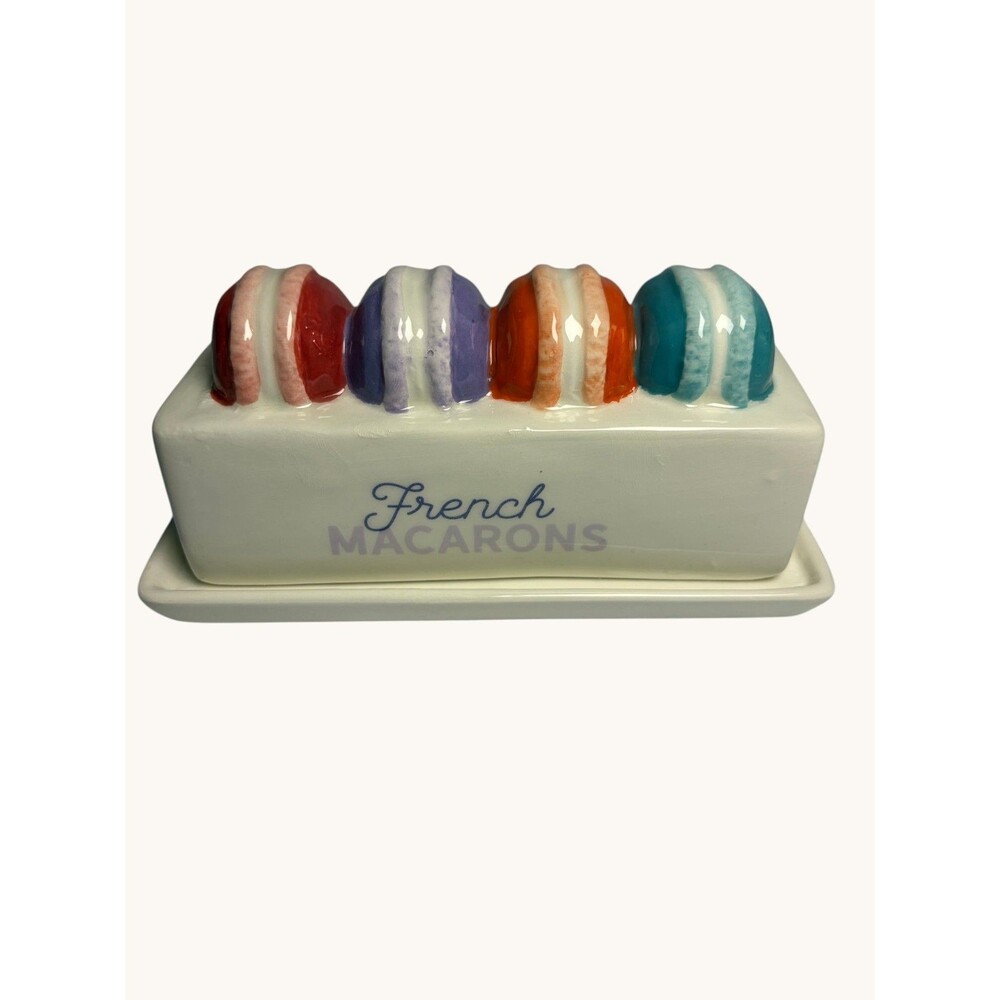 French Macaron Ceramic Butter Dish White Rectangular 2-Piece Set Multicolor
